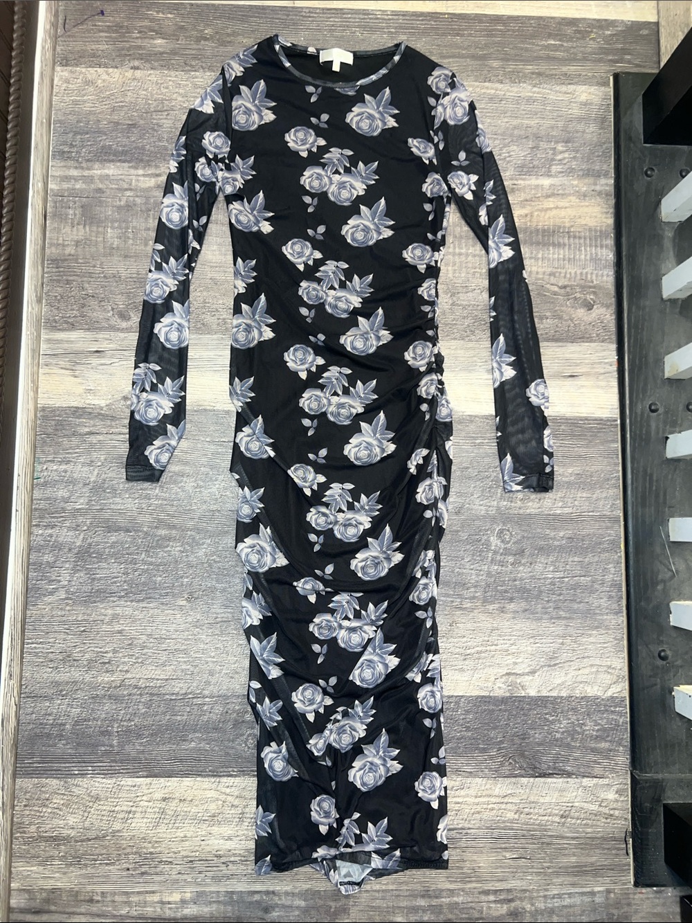 Black Floral Mesh Long Sleeve Maxi Dress Sheer Bodycon Romantic